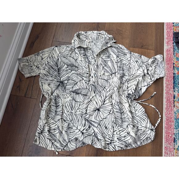 Elan Tropical Printed Cinched Long Sleeve Tunic Cotton Top Womens Medium - Picture 1 of 8